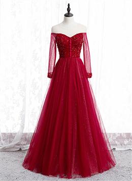 Picture of Wine Red Color Long Sleeves Beaded Tulle Evening Gown, A-line Wine Red Color Long Prom Dresses